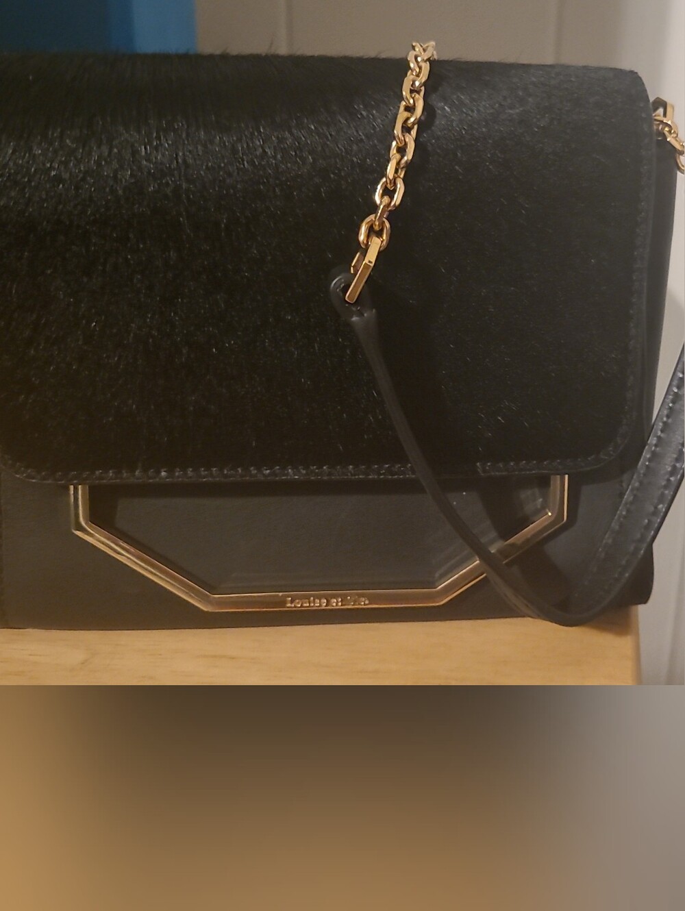 Louise et Cie Black Faux-Hair Crossbody with Gold Chain